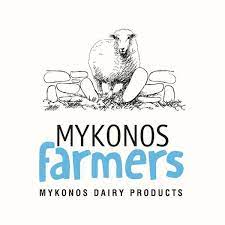 Mykonos Farmers logo with cow and dairy products text