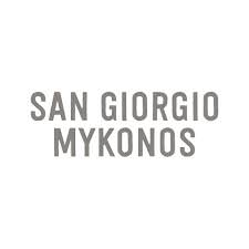 San Giorgio building signage in Mykonos with gray lettering on white background