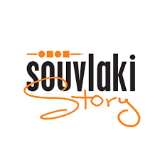 Souvlaki Story logo with orange and black text and geometric elements