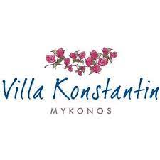 Villa Konstantin logo with purple bougainvillea flowers and text, Mykonos