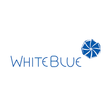 White Blue logo with blue starburst icon design