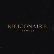 Billionaire Mykonos luxury branding with gold text on dark textured background