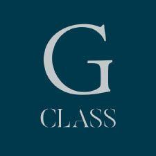 G Class logo with large serif G letter and text on teal background