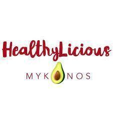 Healthylicious Mykonos logo with avocado icon and stylized text
