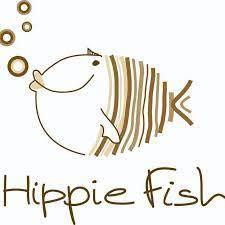 Minimalist line drawing of a smiling fish with striped fins and bubbles, labeled Hippie Fish