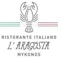 L'Aragosta Italian restaurant logo with lobster illustration and Mykonos location text