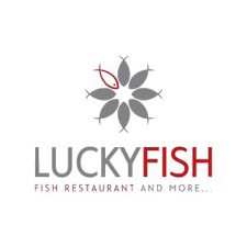 Lucky Fish restaurant logo with stylized flower design and text