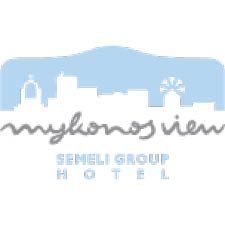 Mykonos View Semeli Group Hotel logo with blue skyline silhouette