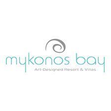 Mykonos Bay logo with spiral shell icon and tagline Art Designed Resort & Villas