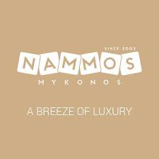 Nammos Mykonos luxury brand logo with tagline 'A Breeze of Luxury' on tan background