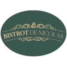 Bistrot de Nicolas ornate oval logo with gold decorative text on dark green background