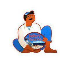 Cartoon character Nikos sitting and holding a blue badge or emblem