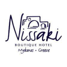 Nissaki Boutique Hotel logo with stylized dome building and text, Mykonos Greece