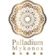 Palladium Mykonos luxury hotel logo with ornate mandala design and five-star rating
