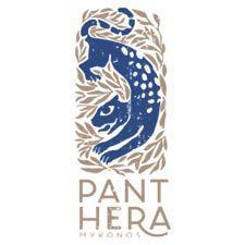 Panthera Mykonos logo featuring blue leaping leopard with ornamental foliage design