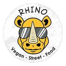 Yellow rhino head with sunglasses and text reading 'Rhino Vegan Street Food'