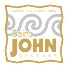 Saint John Mykonos hotel villa spa logo with gold frame and decorative swirl pattern