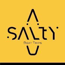 Salty Boat Trips logo with geometric cross design on yellow background