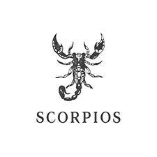 Detailed black and white scorpion illustration with the text Scorpios below