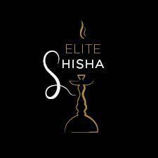 Elite Shisha logo featuring stylized white text and a gold shisha pipe illustration on black background