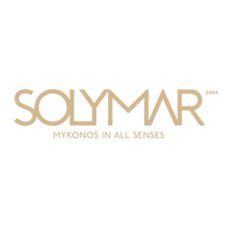 Solymar logo with tagline 'Mykonos in all senses' in beige and gray colors