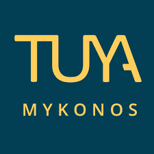 TUYA Mykonos logo with gold lettering on teal background