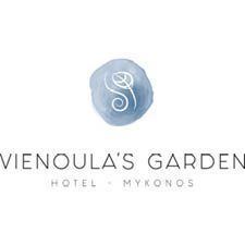 Vienoula's Garden Hotel logo featuring stylized S monogram on blue circular background, Mykonos