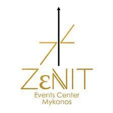 Zenit Events Center Mykonos logo with geometric cross design in black and gold
